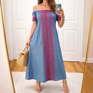 Madewell chambray off shoulder red embroidered dress XXS 100% cotton